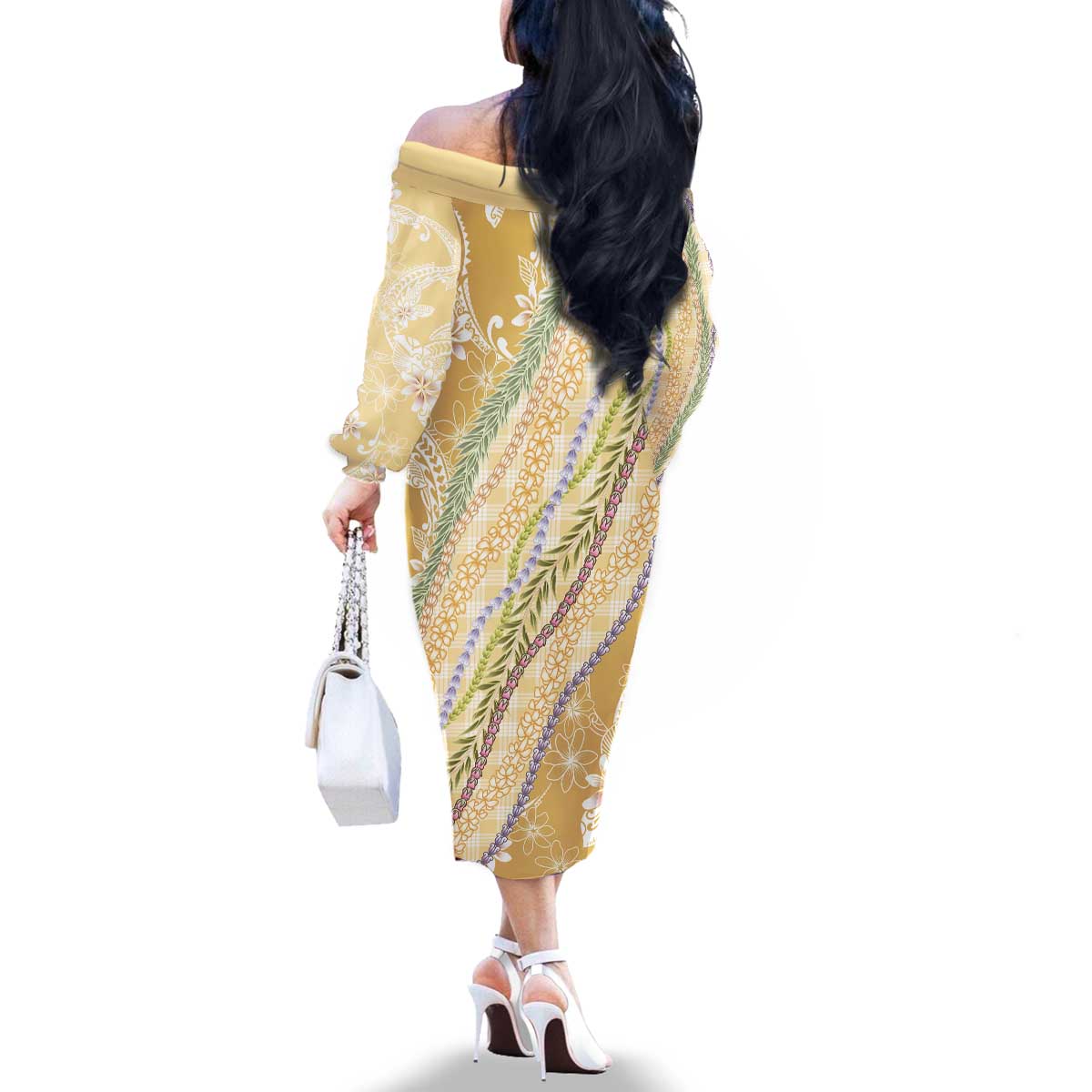 Yellow Palaka Hawaii Leis Family Matching Off The Shoulder Long Sleeve Dress and Hawaiian Shirt Hawaiian-plaid Elegant Tropical Vibes - Polynesian Pride