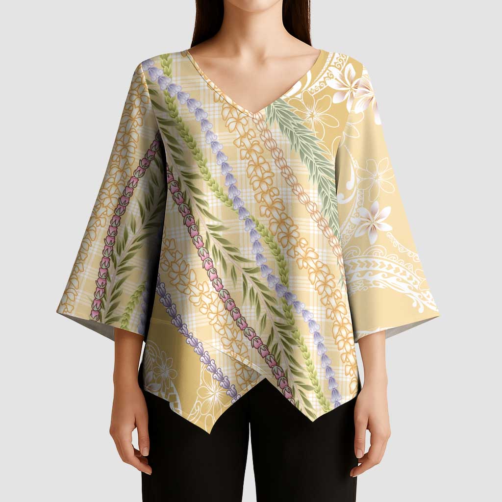 Yellow Palaka Hawaii Leis Kimono Sleeve Blouse - Hawaiian Plaid Elegant Tropical Vibes LT14 - Polynesian Pride