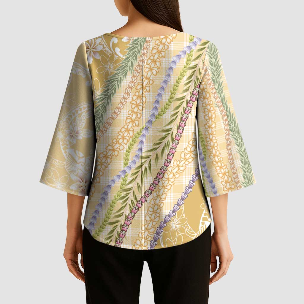 Yellow Palaka Hawaii Leis Kimono Sleeve Blouse - Hawaiian Plaid Elegant Tropical Vibes LT14 - Polynesian Pride
