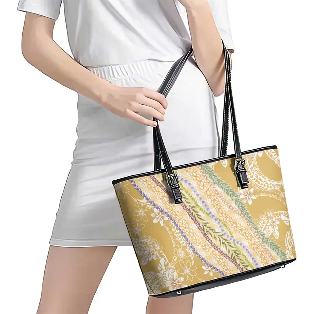 Yellow Palaka Hawaii Leis Leather Tote Bag Hawaiian-plaid Elegant Tropical Vibes LT14 - Polynesian Pride