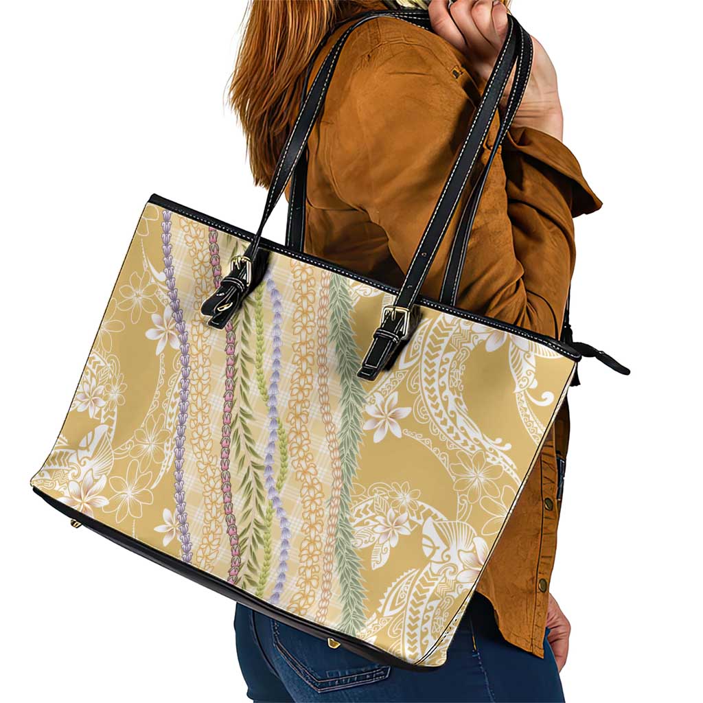 Yellow Palaka Hawaii Leis Leather Tote Bag Hawaiian-plaid Elegant Tropical Vibes LT14 - Polynesian Pride