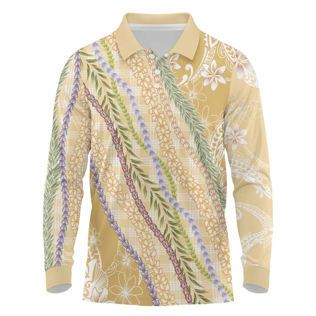 Yellow Palaka Hawaii Leis Long Sleeve Polo Shirt Hawaiian-plaid Elegant Tropical Vibes - Polynesian Pride
