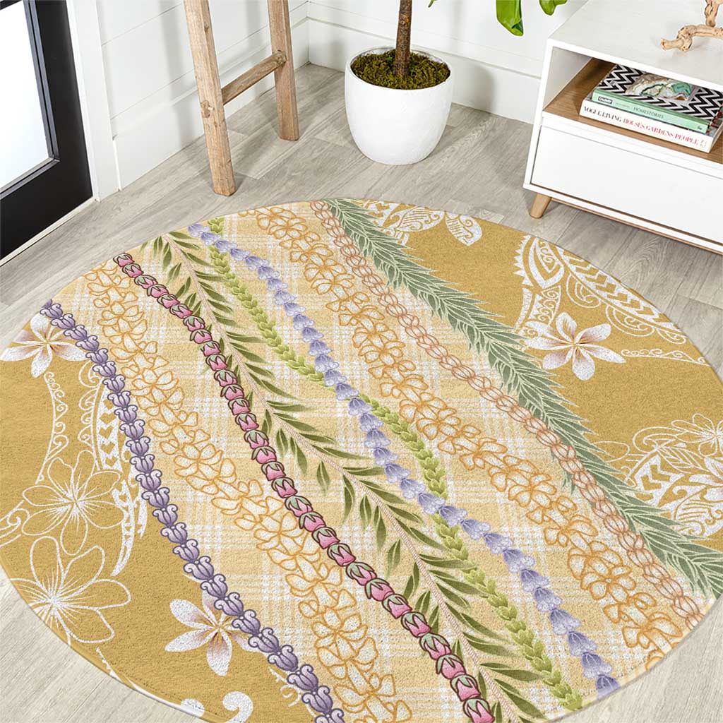 Yellow Palaka Hawaii Leis Round Carpet Hawaiian-plaid Elegant Tropical Vibes - Polynesian Pride