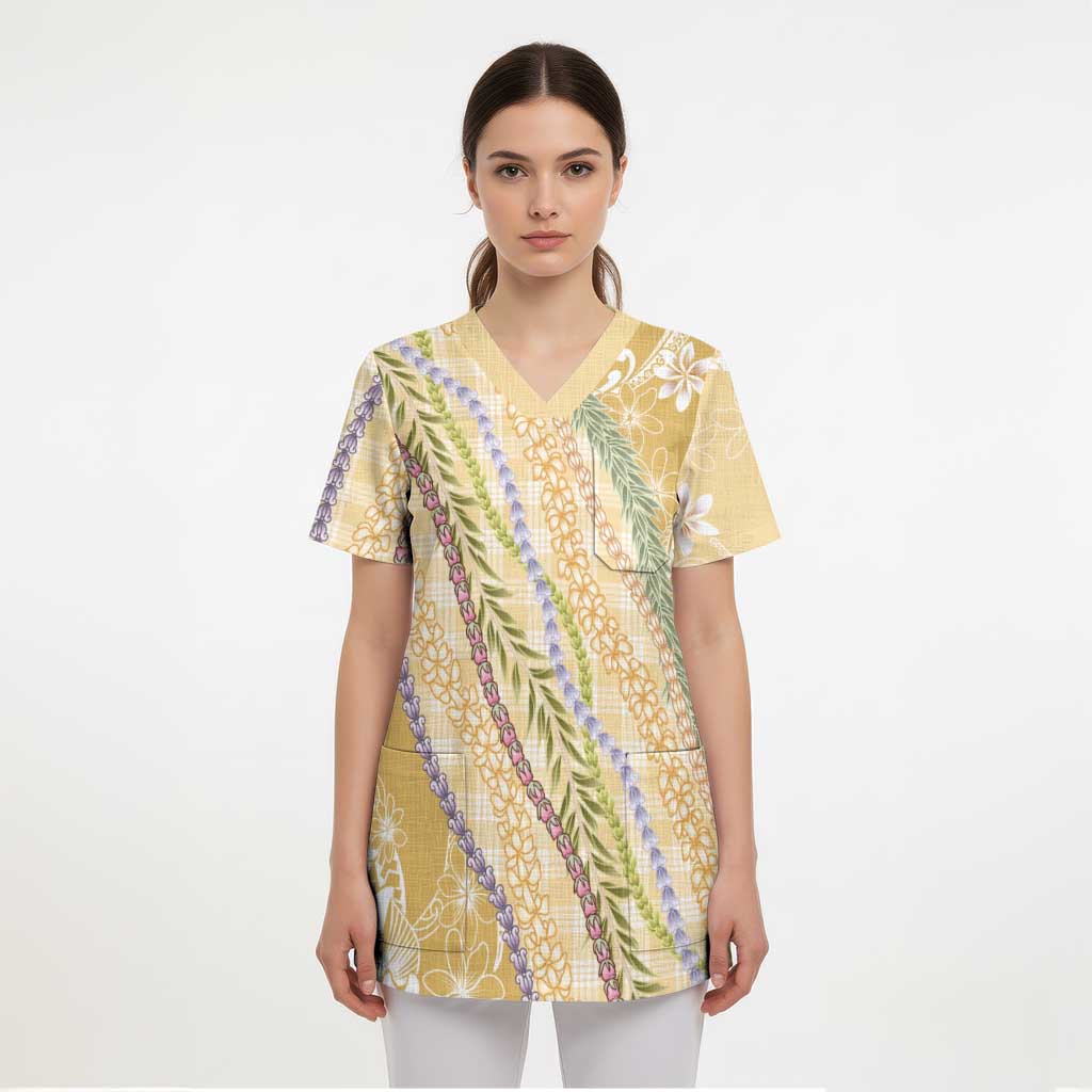 Yellow Palaka Hawaii Leis Scrub Top Hawaiian-plaid Elegant Tropical Vibes LT14 - Polynesian Pride