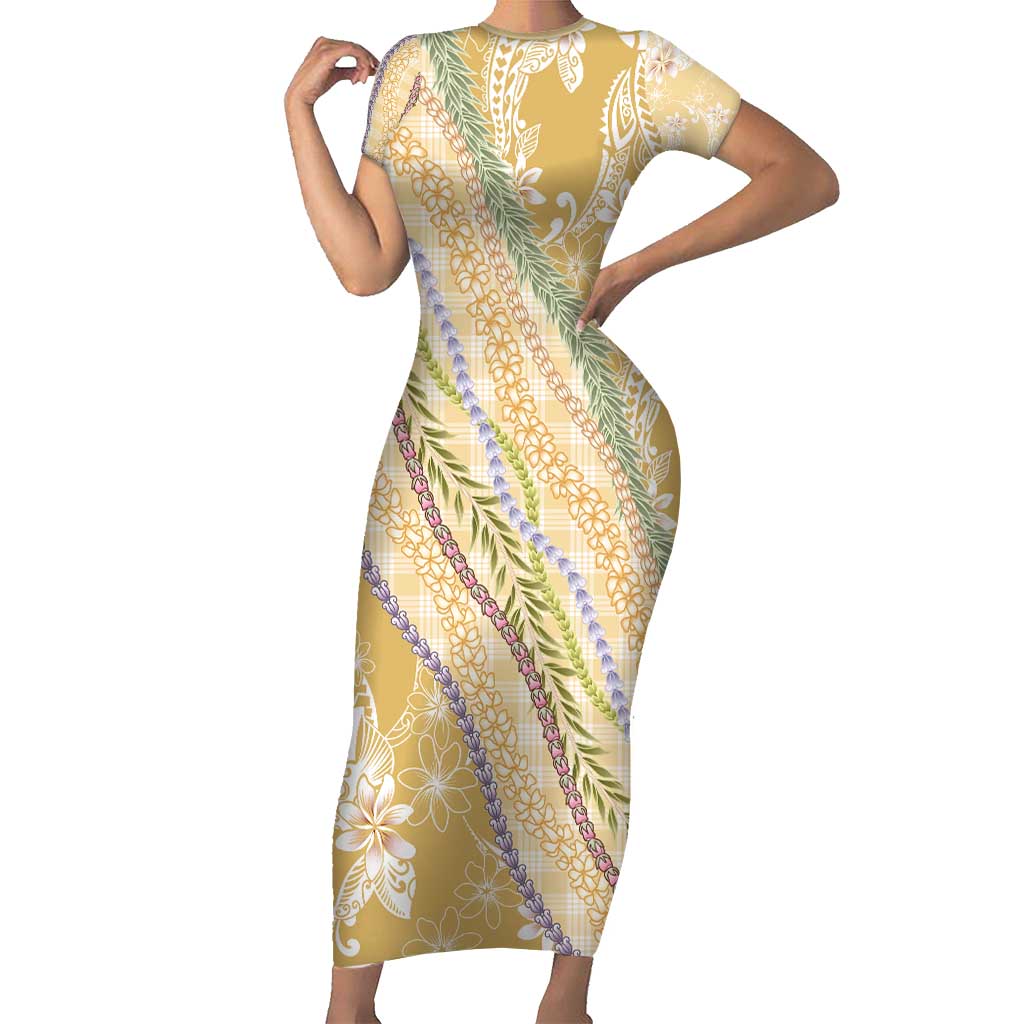 Yellow Palaka Hawaii Leis Short Sleeve Bodycon Dress Hawaiian-plaid Elegant Tropical Vibes - Polynesian Pride