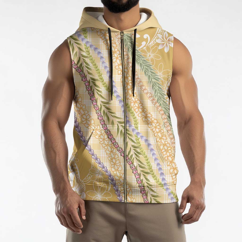 Yellow Palaka Hawaii Leis Sleeveless Zip Hoodie Hawaiian-plaid Elegant Tropical Vibes - Polynesian Pride
