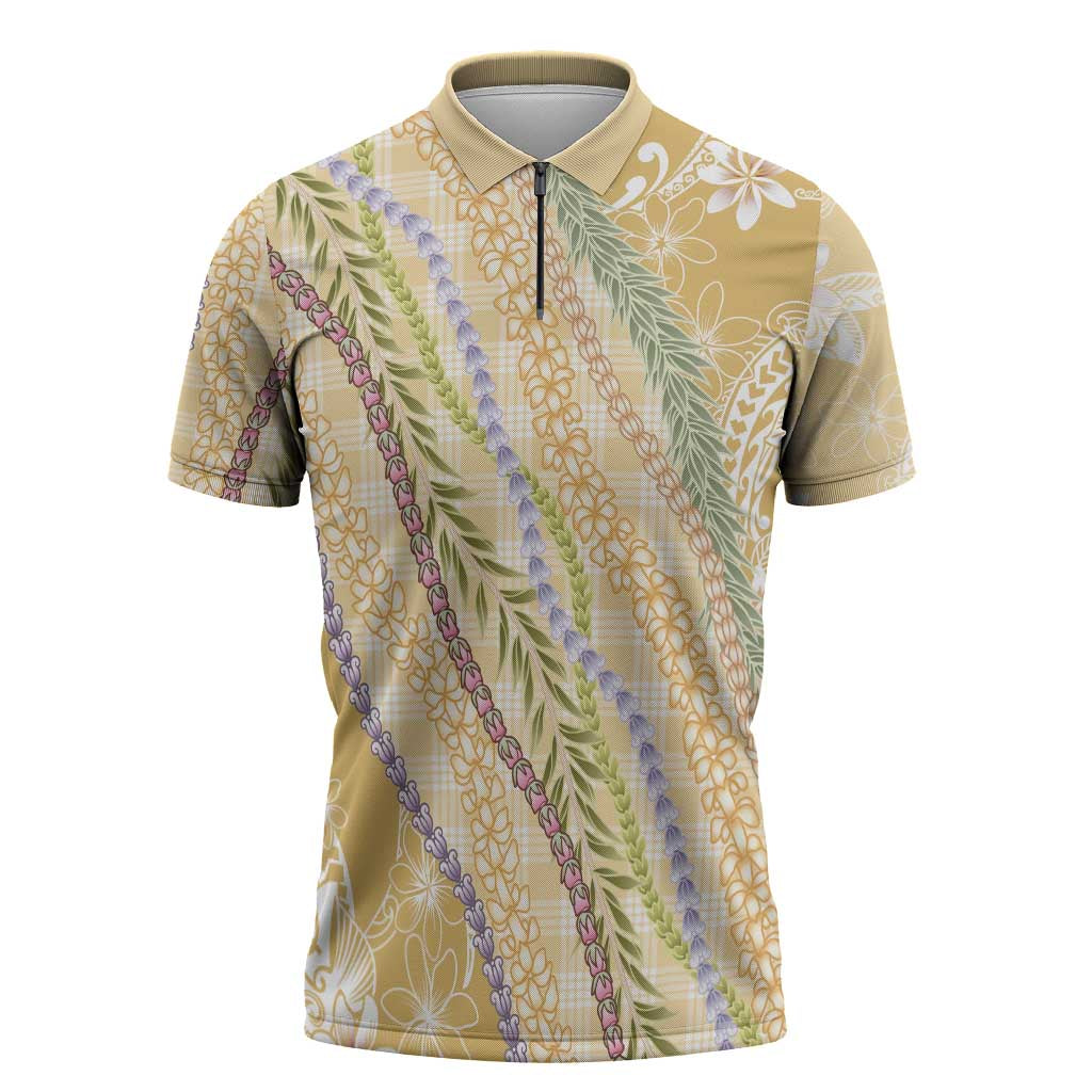 Yellow Palaka Hawaii Leis Zipper Polo Shirt Hawaiian-plaid Elegant Tropical Vibes - Polynesian Pride