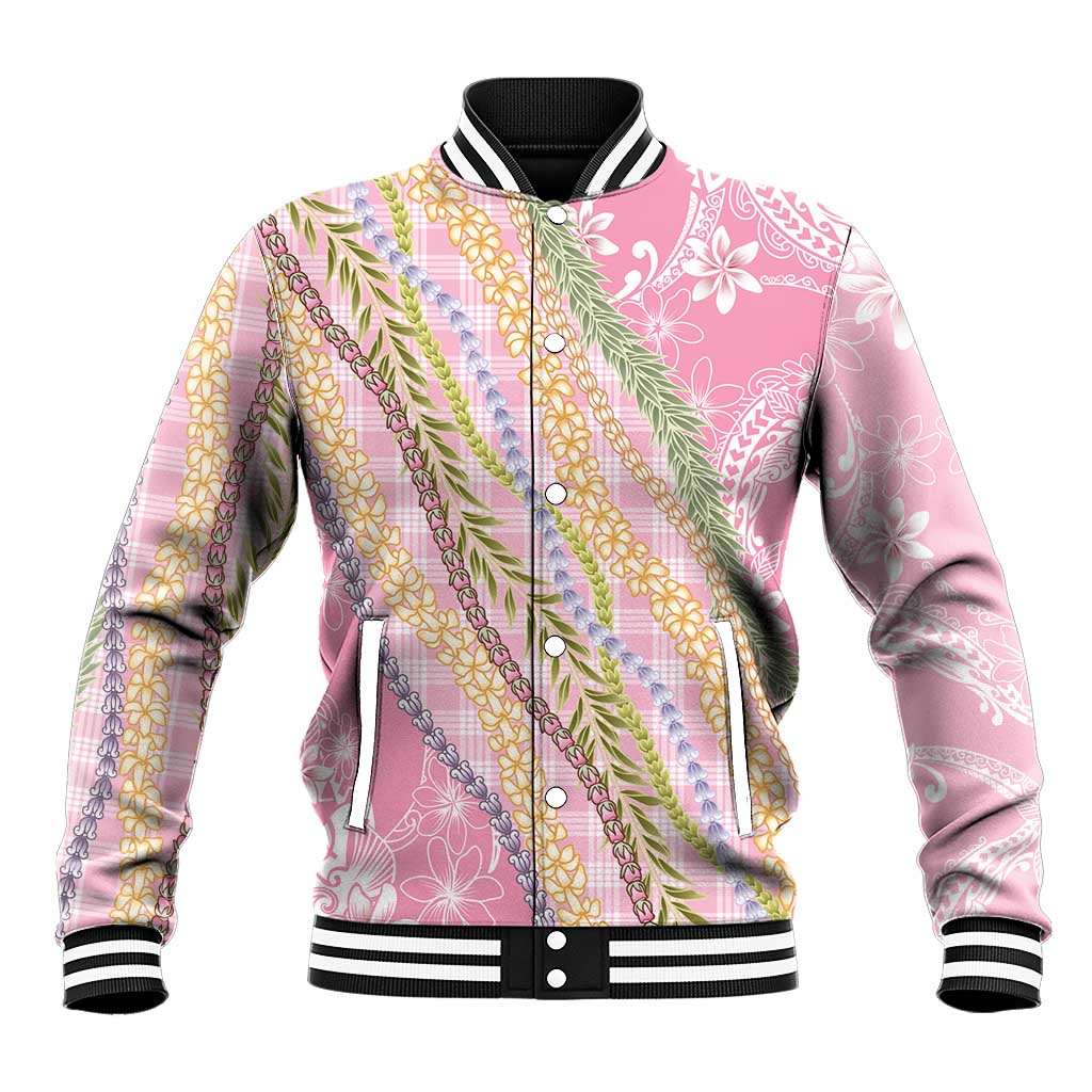 Pink Palaka Hawaii Leis Baseball Jacket Hawaiian-plaid Elegant Tropical Vibes LT14 Unisex Pink - Polynesian Pride