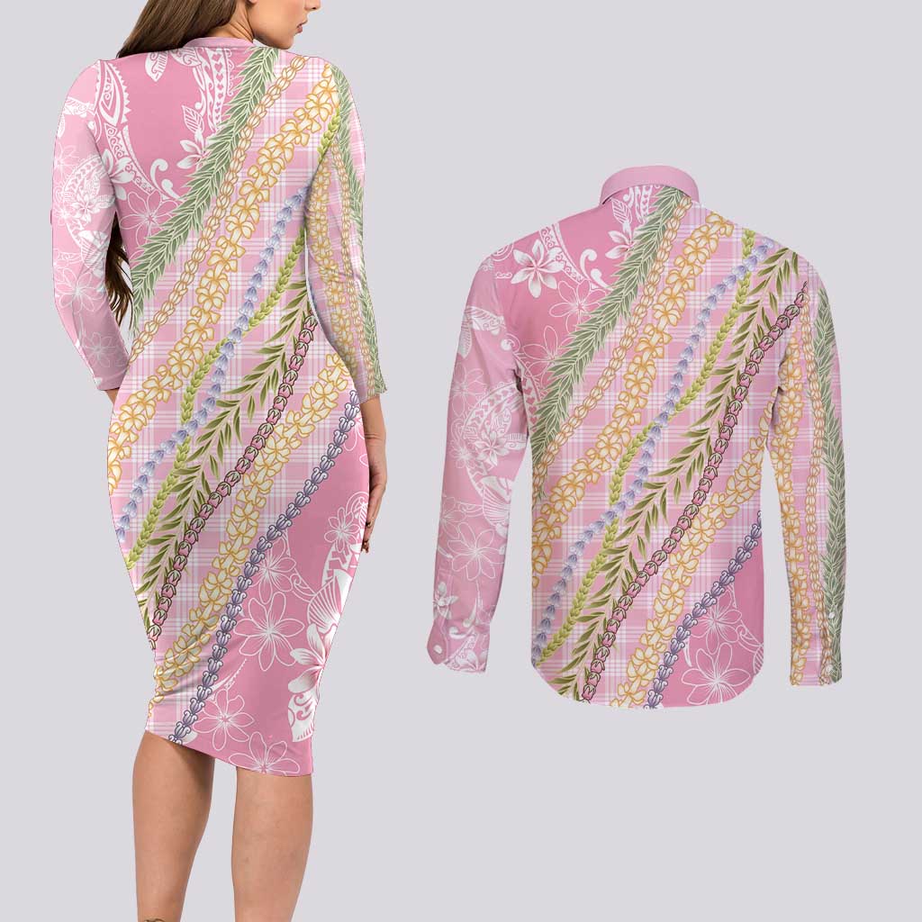 Pink Palaka Hawaii Leis Couples Matching Long Sleeve Bodycon Dress and Long Sleeve Button Shirt Hawaiian-plaid Elegant Tropical Vibes - Polynesian Pride