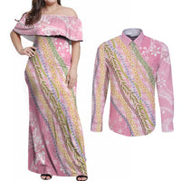 Pink Palaka Hawaii Leis Couples Matching Off Shoulder Maxi Dress and Long Sleeve Button Shirt Hawaiian-plaid Elegant Tropical Vibes - Polynesian Pride