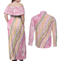 Pink Palaka Hawaii Leis Couples Matching Off Shoulder Maxi Dress and Long Sleeve Button Shirt Hawaiian-plaid Elegant Tropical Vibes - Polynesian Pride