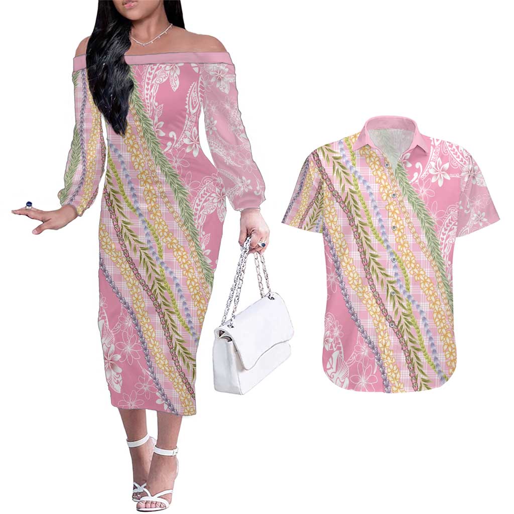 Pink Palaka Hawaii Leis Couples Matching Off The Shoulder Long Sleeve Dress and Hawaiian Shirt Hawaiian-plaid Elegant Tropical Vibes - Polynesian Pride