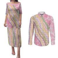Pink Palaka Hawaii Leis Couples Matching Puletasi and Long Sleeve Button Shirt Hawaiian-plaid Elegant Tropical Vibes LT14 Pink - Polynesian Pride