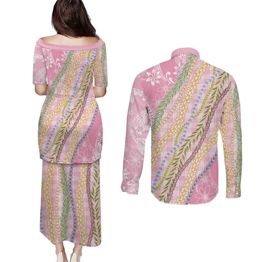 Pink Palaka Hawaii Leis Couples Matching Puletasi and Long Sleeve Button Shirt Hawaiian-plaid Elegant Tropical Vibes LT14 - Polynesian Pride