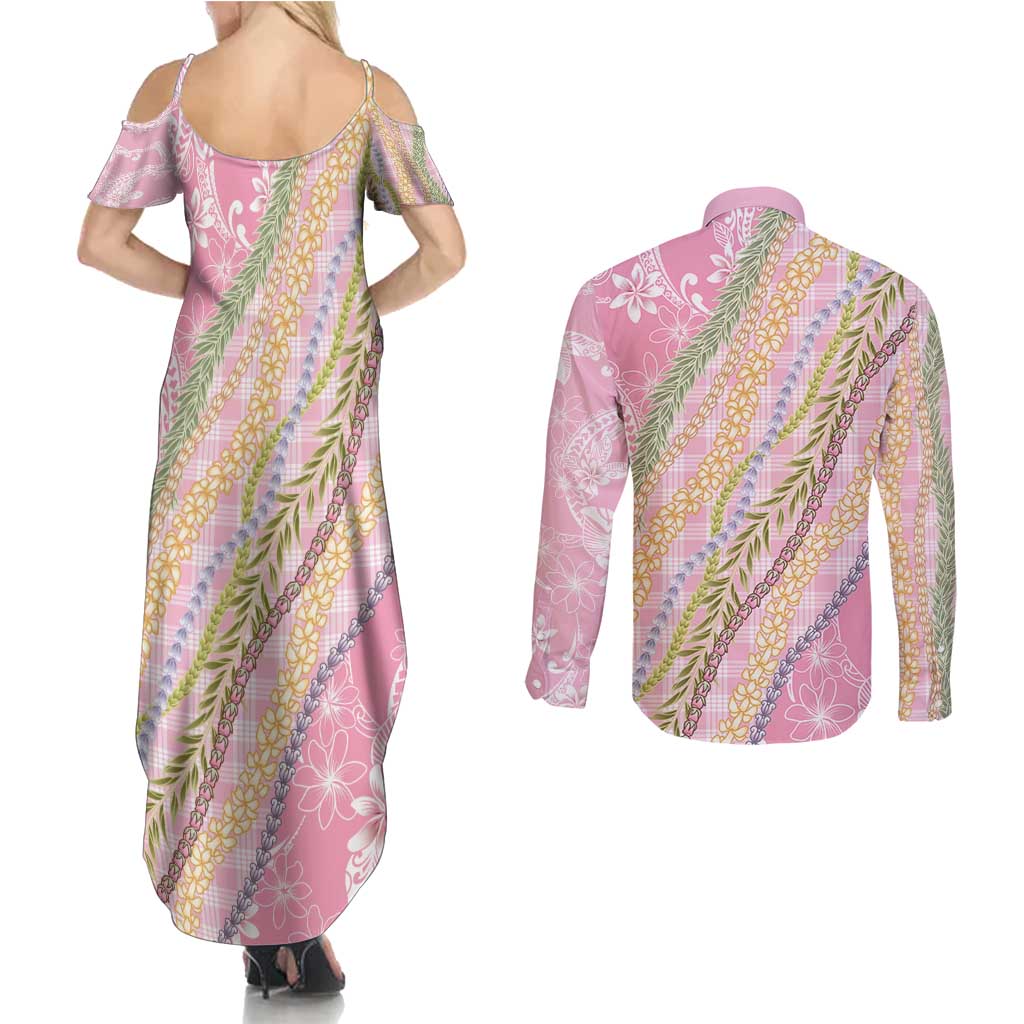 Pink Palaka Hawaii Leis Couples Matching Summer Maxi Dress and Long Sleeve Button Shirt Hawaiian-plaid Elegant Tropical Vibes - Polynesian Pride