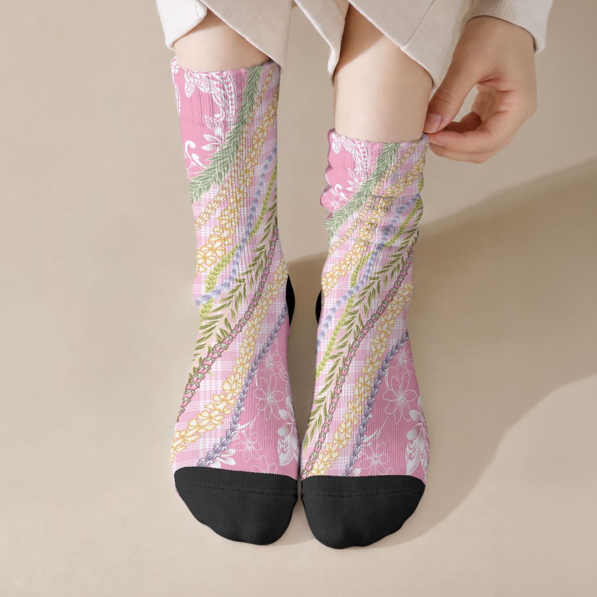Pink Palaka Hawaii Leis Crew Socks Hawaiian-plaid Elegant Tropical Vibes