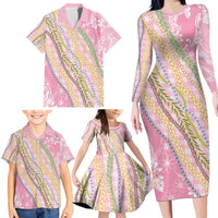 Pink Palaka Hawaii Leis Family Matching Long Sleeve Bodycon Dress and Hawaiian Shirt Hawaiian-plaid Elegant Tropical Vibes - Polynesian Pride