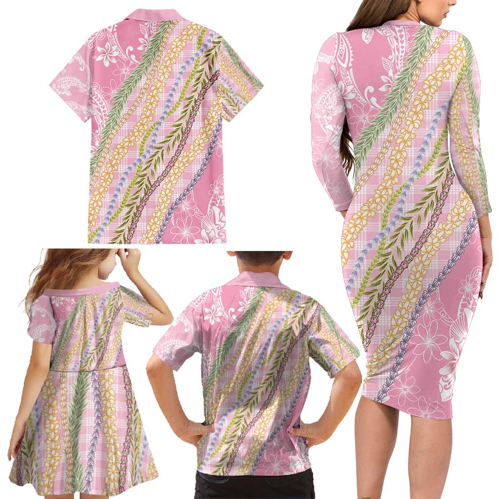 Pink Palaka Hawaii Leis Family Matching Long Sleeve Bodycon Dress and Hawaiian Shirt Hawaiian-plaid Elegant Tropical Vibes - Polynesian Pride