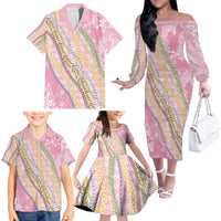 Pink Palaka Hawaii Leis Family Matching Off The Shoulder Long Sleeve Dress and Hawaiian Shirt Hawaiian-plaid Elegant Tropical Vibes - Polynesian Pride