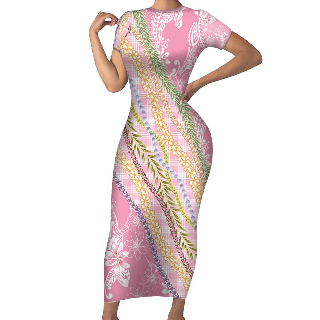 Pink Palaka Hawaii Leis Family Matching Short Sleeve Bodycon Dress and Hawaiian Shirt Hawaiian-plaid Elegant Tropical Vibes - Polynesian Pride