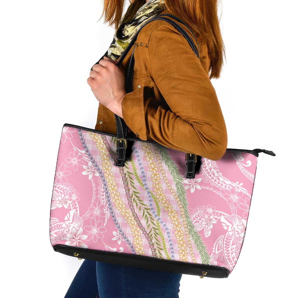 Pink Palaka Hawaii Leis Leather Tote Bag Hawaiian-plaid Elegant Tropical Vibes LT14 Pink - Polynesian Pride