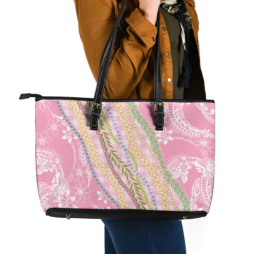 Pink Palaka Hawaii Leis Leather Tote Bag Hawaiian-plaid Elegant Tropical Vibes LT14 - Polynesian Pride
