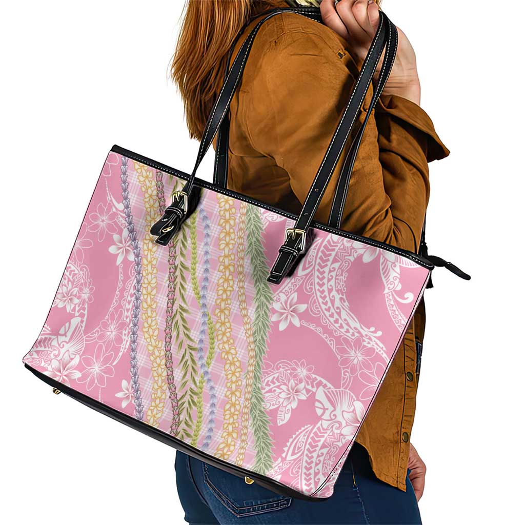 Pink Palaka Hawaii Leis Leather Tote Bag Hawaiian-plaid Elegant Tropical Vibes LT14 - Polynesian Pride