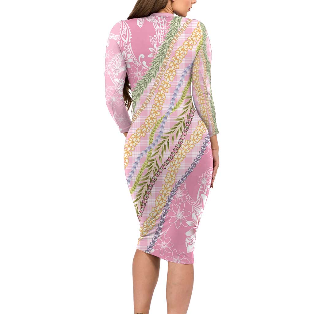 Pink Palaka Hawaii Leis Long Sleeve Bodycon Dress Hawaiian-plaid Elegant Tropical Vibes - Polynesian Pride