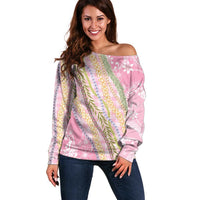 Pink Palaka Hawaii Leis Off Shoulder Sweater Hawaiian-plaid Elegant Tropical Vibes - Polynesian Pride