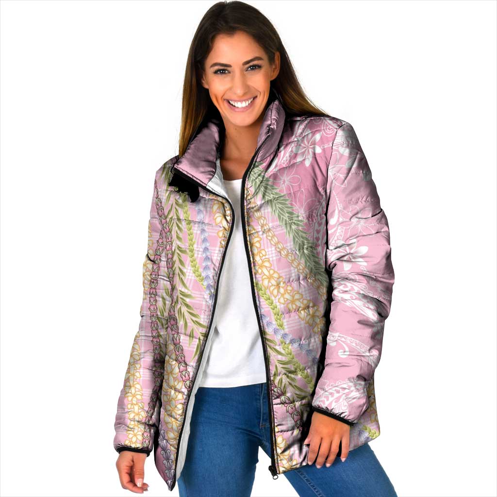 Pink Palaka Hawaii Leis Padded Jacket Hawaiian-plaid Elegant Tropical Vibes LT14 Women Pink - Polynesian Pride