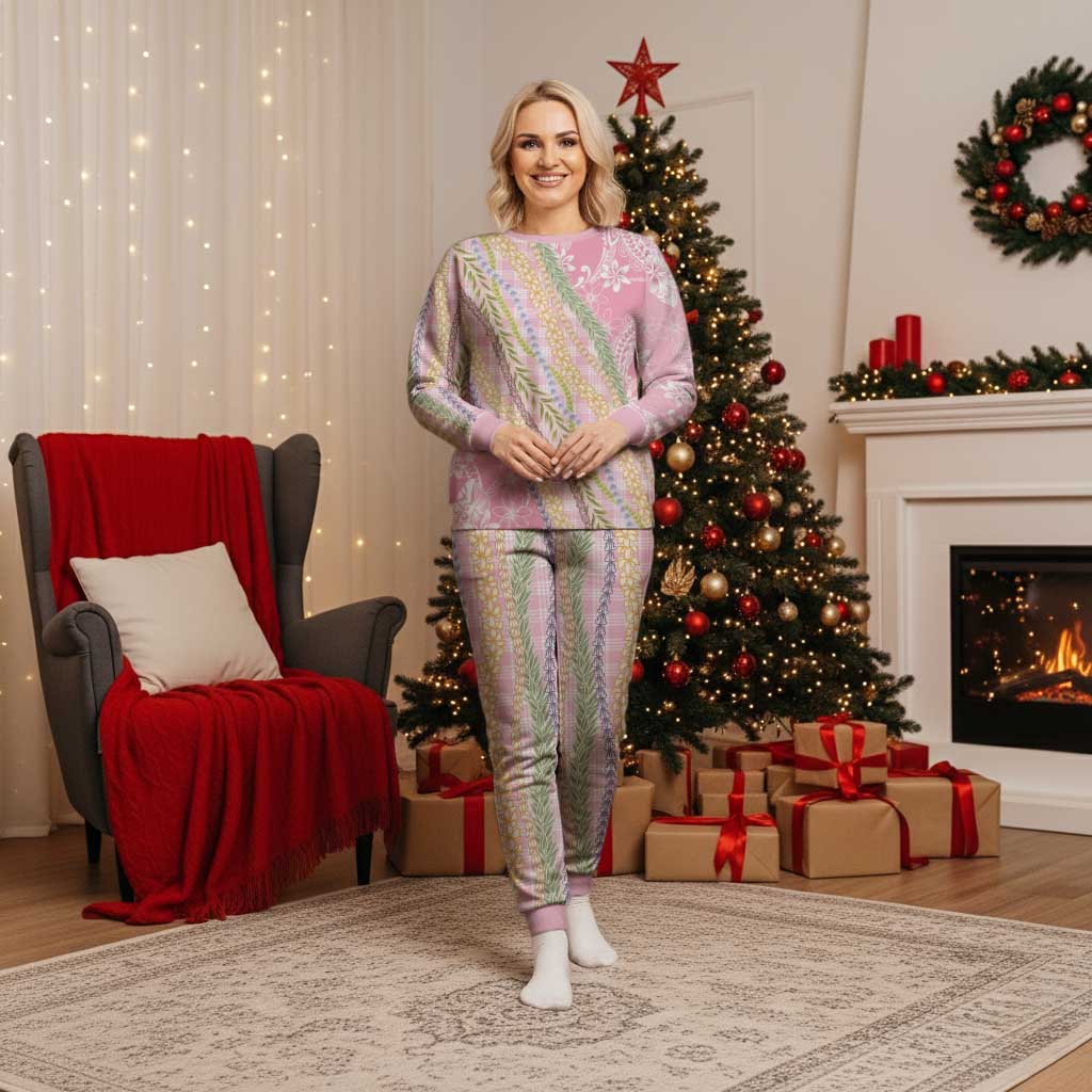 Pink Palaka Hawaii Leis Christmas Pajama Set Hawaiian-plaid Elegant Tropical Vibes - Polynesian Pride