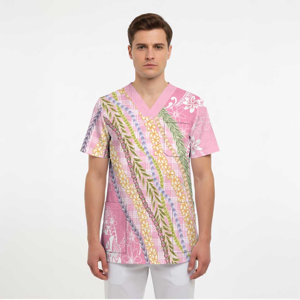 Pink Palaka Hawaii Leis Scrub Top Hawaiian-plaid Elegant Tropical Vibes LT14 - Polynesian Pride