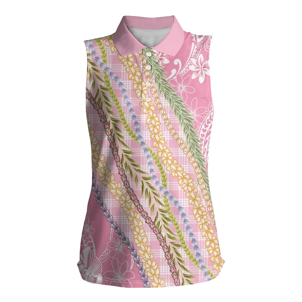 Pink Palaka Hawaii Leis Women Sleeveless Polo Shirt Hawaiian-plaid Elegant Tropical Vibes - Polynesian Pride
