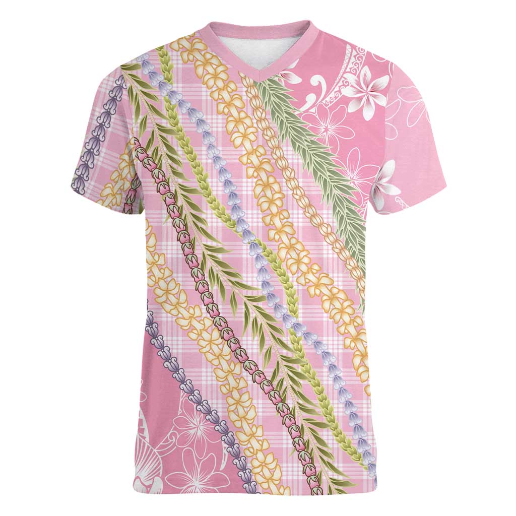Pink Palaka Hawaii Leis Women V-Neck T-Shirt Hawaiian-plaid Elegant Tropical Vibes LT14 Female Pink - Polynesian Pride