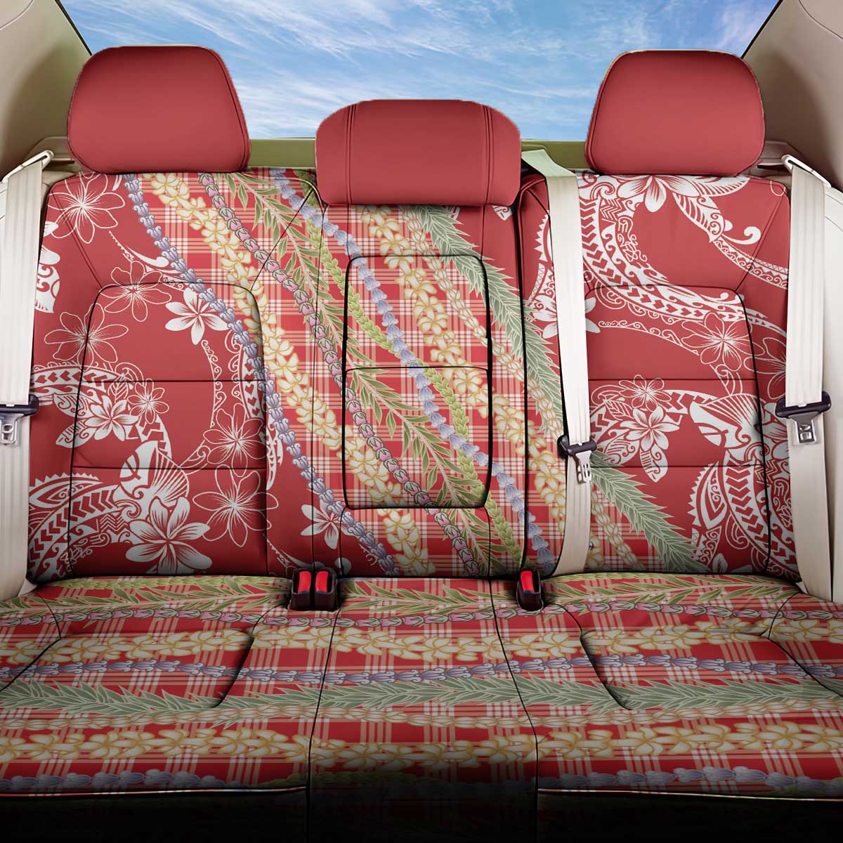Red Palaka Hawaii Leis Back Car Seat Cover Hawaiian-plaid Elegant Tropical Vibes - Polynesian Pride