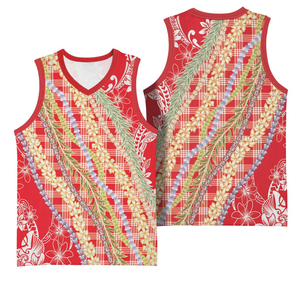 Red Palaka Hawaii Leis Basketball Jersey Hawaiian-plaid Elegant Tropical Vibes LT14 - Polynesian Pride