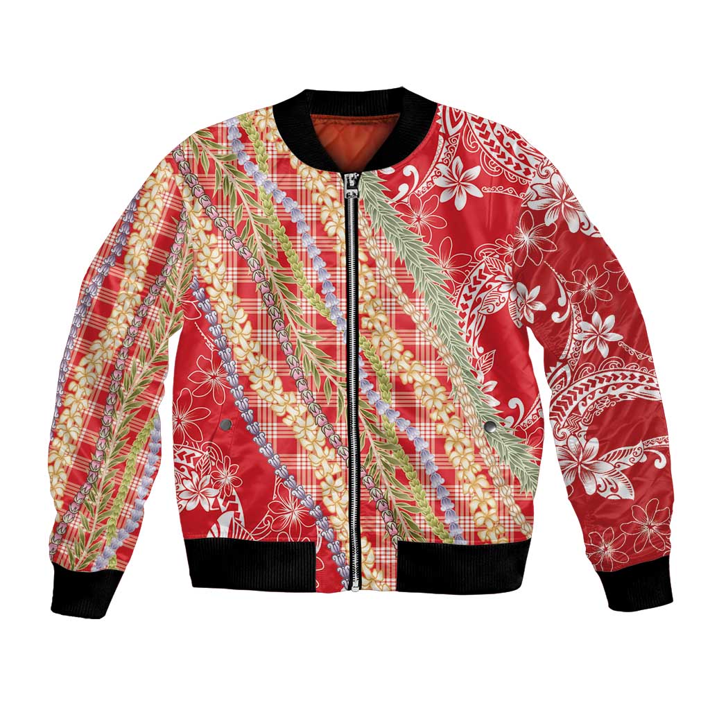 Red Palaka Hawaii Leis Bomber Jacket Hawaiian-plaid Elegant Tropical Vibes LT14 Unisex Red - Polynesian Pride