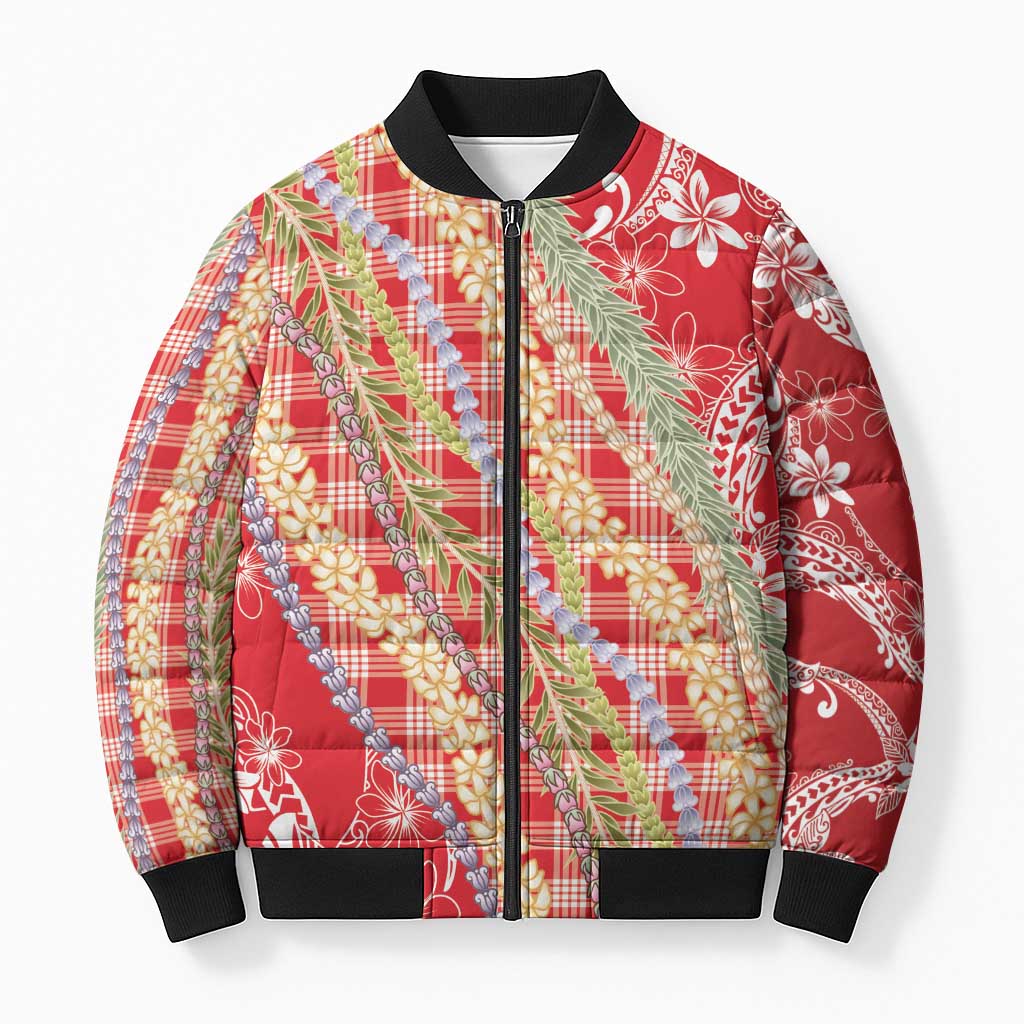 Red Palaka Hawaii Leis Bomber Puffer Jacket Hawaiian-plaid Elegant Tropical Vibes LT14 Unisex Red - Polynesian Pride