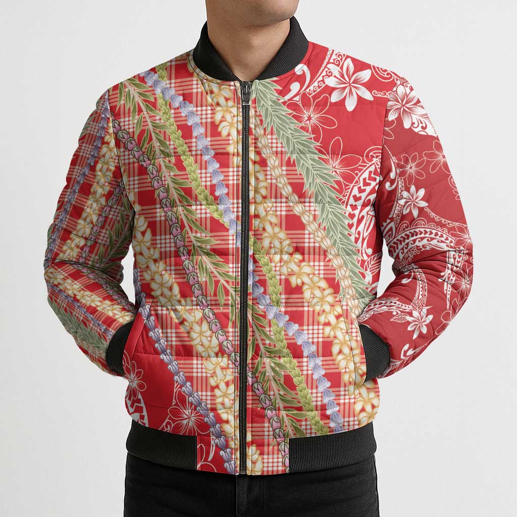 Red Palaka Hawaii Leis Bomber Puffer Jacket Hawaiian-plaid Elegant Tropical Vibes LT14 - Polynesian Pride