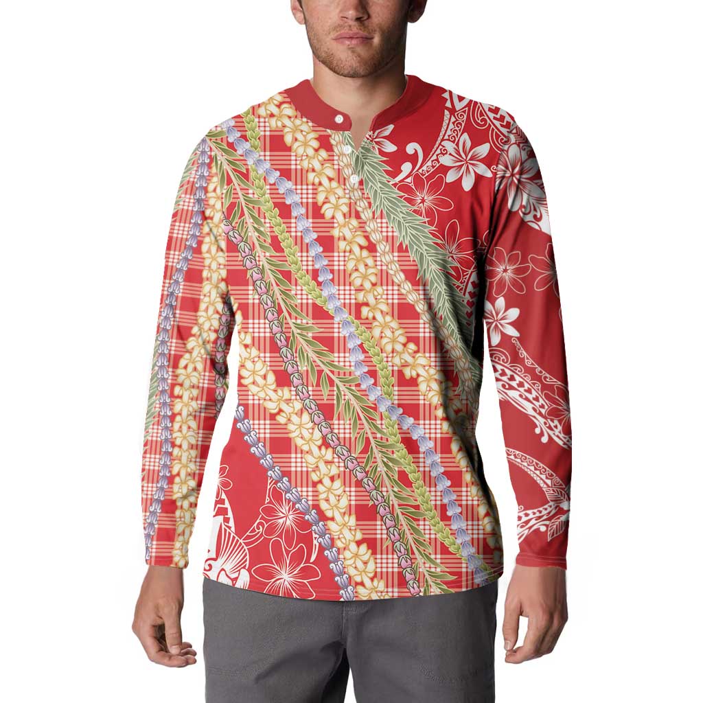 Red Palaka Hawaii Leis Button Sweatshirt Hawaiian-plaid Elegant Tropical Vibes LT14 - Polynesian Pride