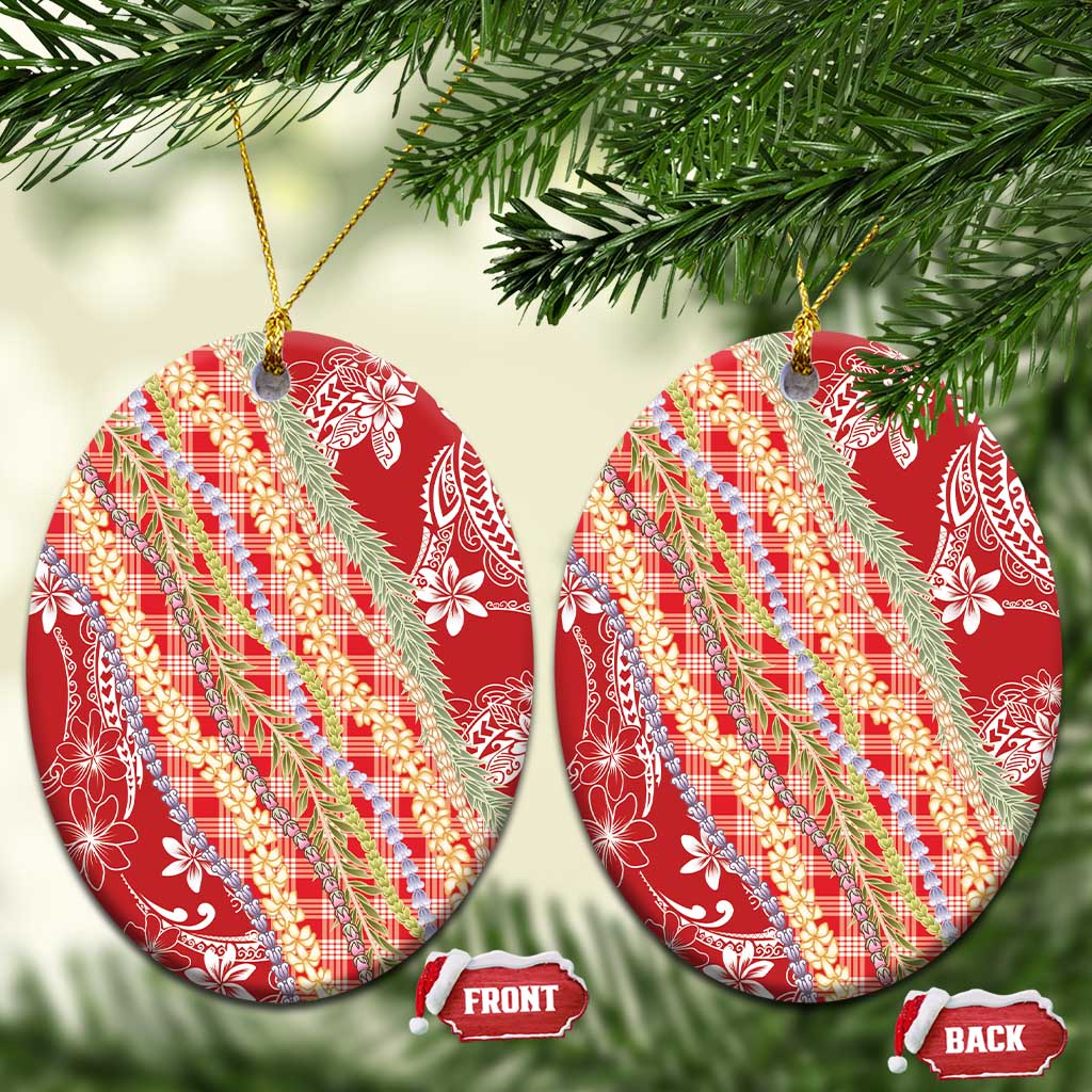 Red Palaka Hawaii Leis Ceramic Ornament Hawaiian-plaid Elegant Tropical Vibes LT14 Oval Red - Polynesian Pride