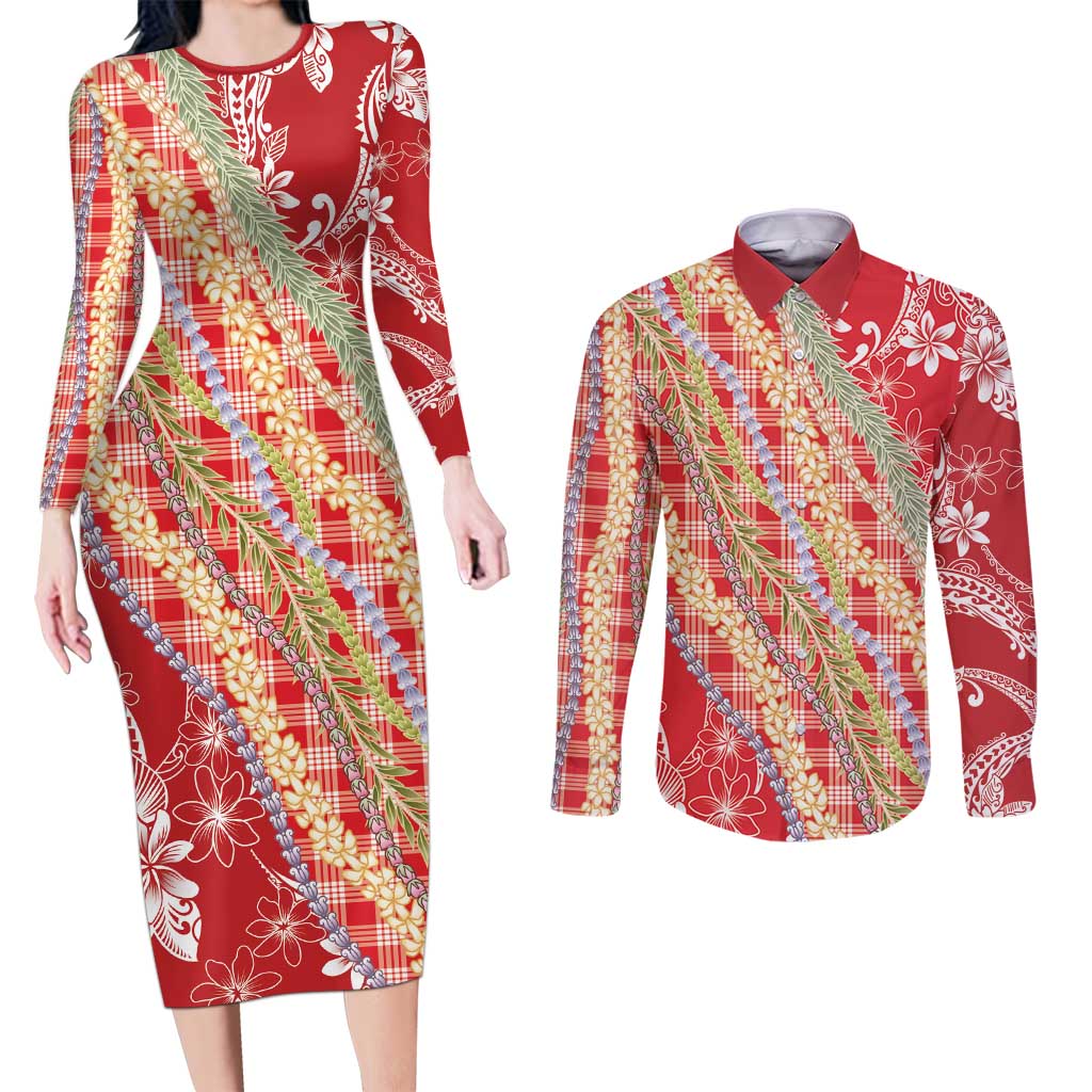 Red Palaka Hawaii Leis Couples Matching Long Sleeve Bodycon Dress and Long Sleeve Button Shirt Hawaiian-plaid Elegant Tropical Vibes - Polynesian Pride
