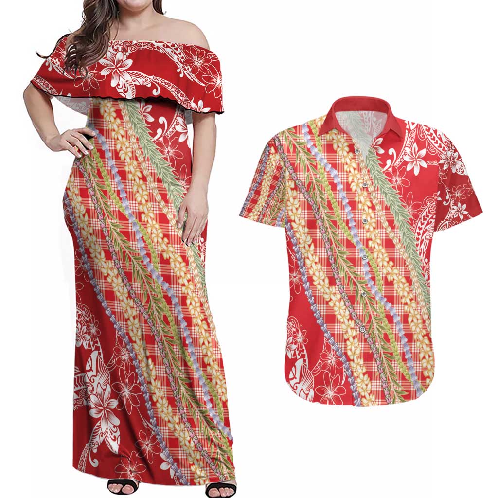 Red Palaka Hawaii Leis Couples Matching Off Shoulder Maxi Dress and Hawaiian Shirt Hawaiian-plaid Elegant Tropical Vibes - Polynesian Pride