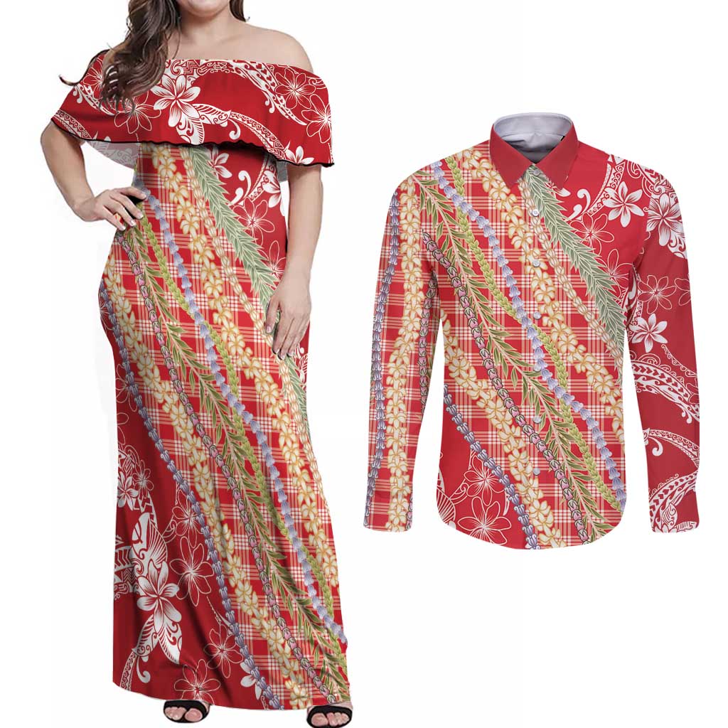 Red Palaka Hawaii Leis Couples Matching Off Shoulder Maxi Dress and Long Sleeve Button Shirt Hawaiian-plaid Elegant Tropical Vibes - Polynesian Pride