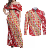 Red Palaka Hawaii Leis Couples Matching Off Shoulder Maxi Dress and Long Sleeve Button Shirt Hawaiian-plaid Elegant Tropical Vibes - Polynesian Pride