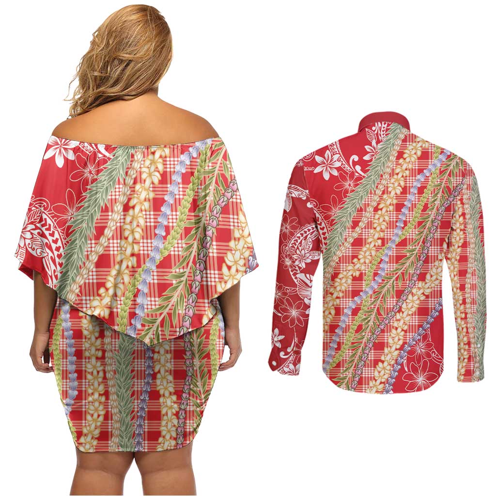Red Palaka Hawaii Leis Couples Matching Off Shoulder Short Dress and Long Sleeve Button Shirt Hawaiian-plaid Elegant Tropical Vibes - Polynesian Pride