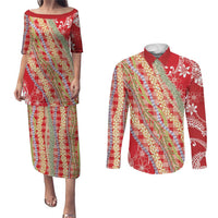 Red Palaka Hawaii Leis Couples Matching Puletasi and Long Sleeve Button Shirt Hawaiian-plaid Elegant Tropical Vibes LT14 Red - Polynesian Pride