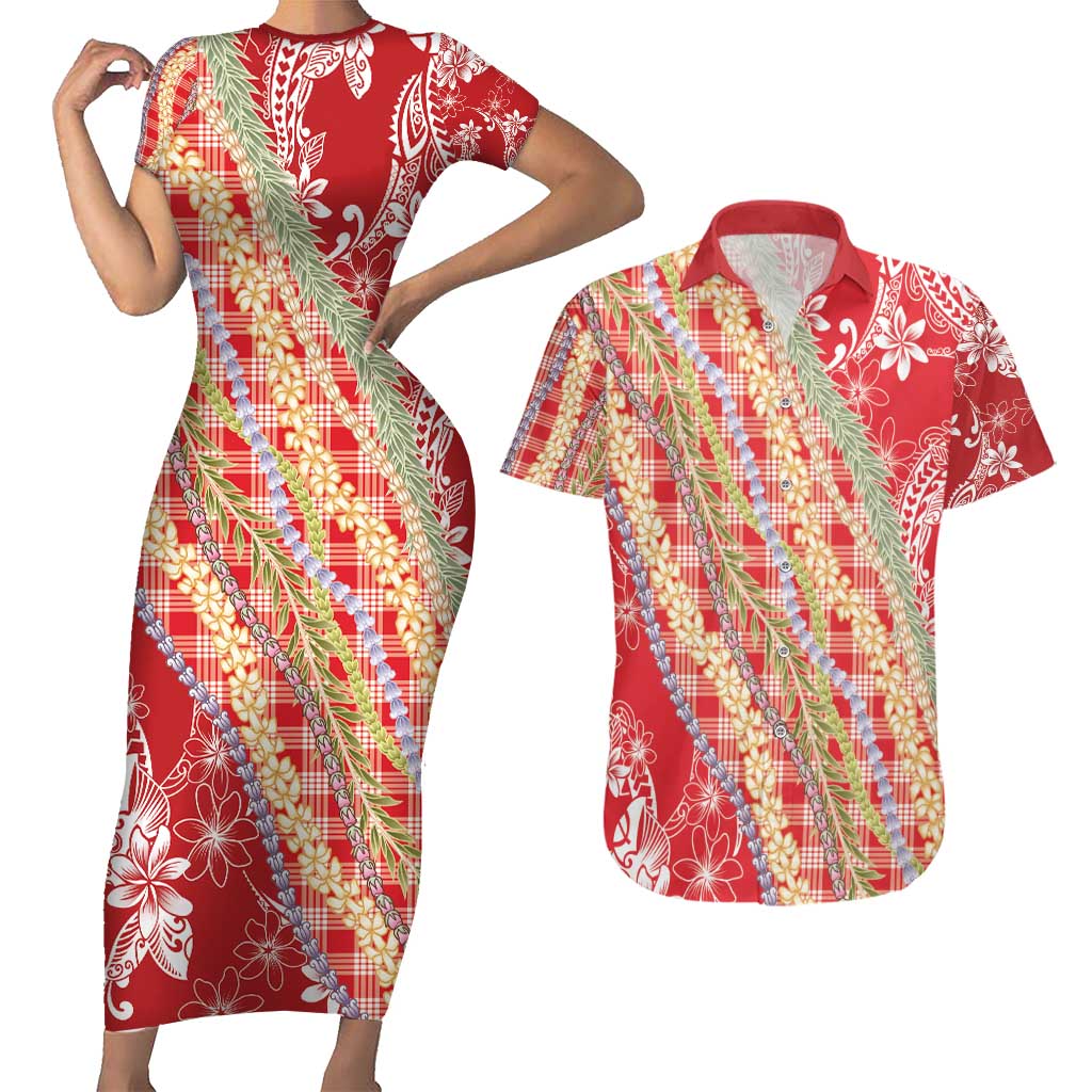 Red Palaka Hawaii Leis Couples Matching Short Sleeve Bodycon Dress and Hawaiian Shirt Hawaiian-plaid Elegant Tropical Vibes - Polynesian Pride