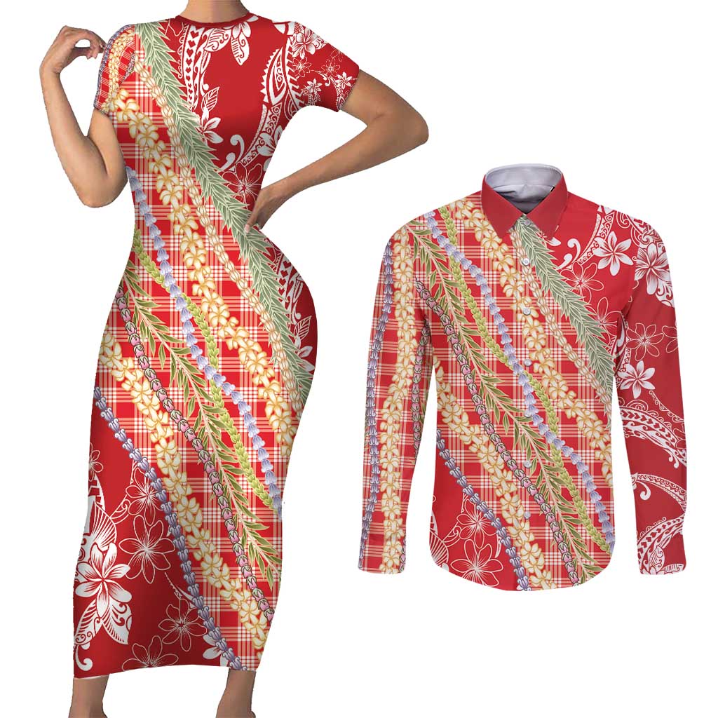 Red Palaka Hawaii Leis Couples Matching Short Sleeve Bodycon Dress and Long Sleeve Button Shirt Hawaiian-plaid Elegant Tropical Vibes - Polynesian Pride