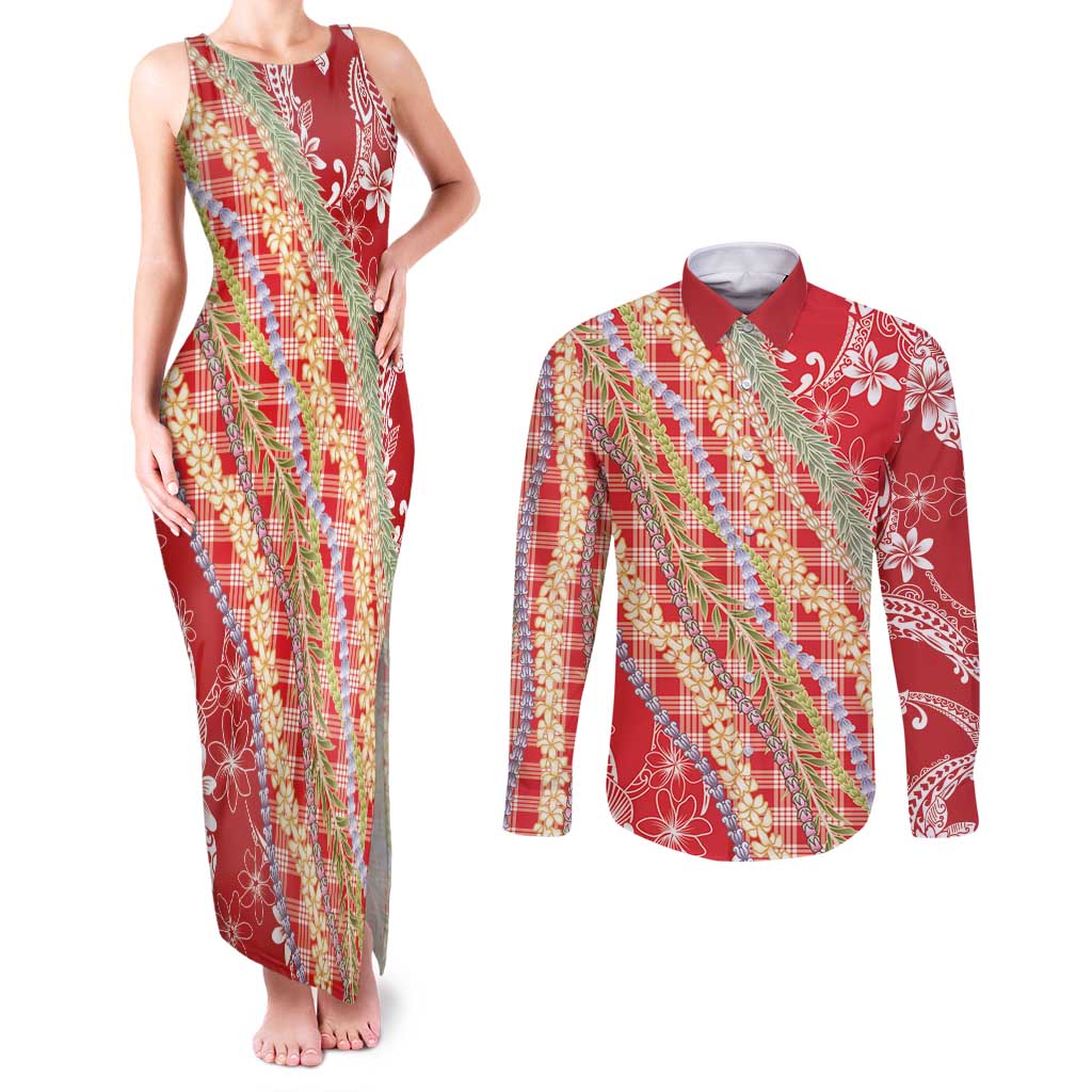 Red Palaka Hawaii Leis Couples Matching Tank Maxi Dress and Long Sleeve Button Shirt Hawaiian-plaid Elegant Tropical Vibes - Polynesian Pride